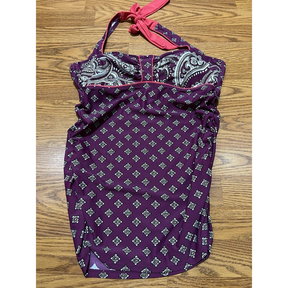 Athleta Purple Pink Coral Paisley Print Swim Tankini Top Womens 38 B/C Tall Tie